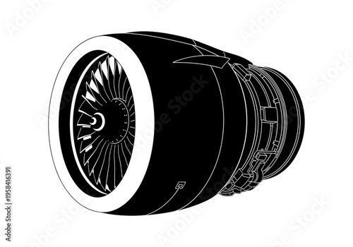 Detailed illustration of a modern jet engine turbine and fan blades