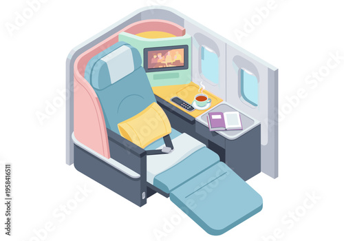 Luxury airplane private suite with entertainment and refreshments for travel