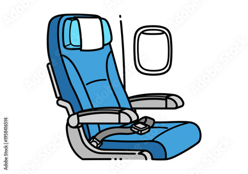 Modern airplane seat with window and seatbelt, clean vector illustration