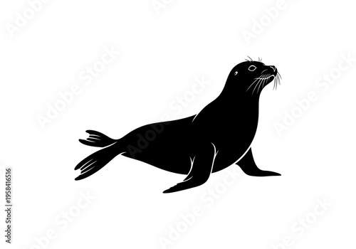 Black silhouette of a seal looking up with whiskers and flippers visible
