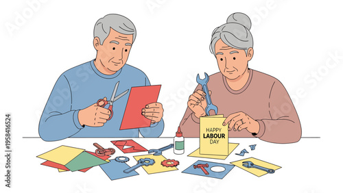 Labor Day Crafts: An elderly couple engages in crafting activities, using tools to create handmade labor day decorations, signifying leisure and creativity.