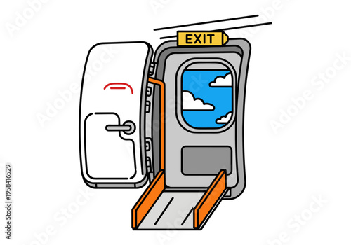 Open airplane door with exit slide deployed and view of sky
