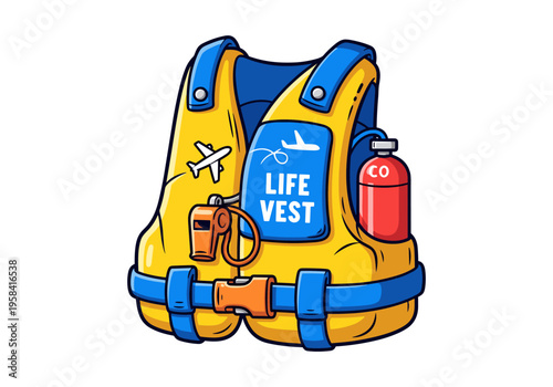 Bright yellow life vest with blue accents and safety equipment for air travel