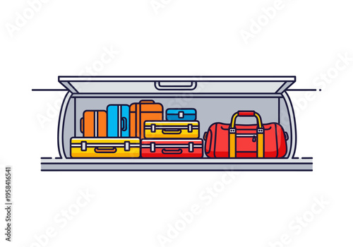 Packed car trunk with colorful luggage and duffel bag for travel