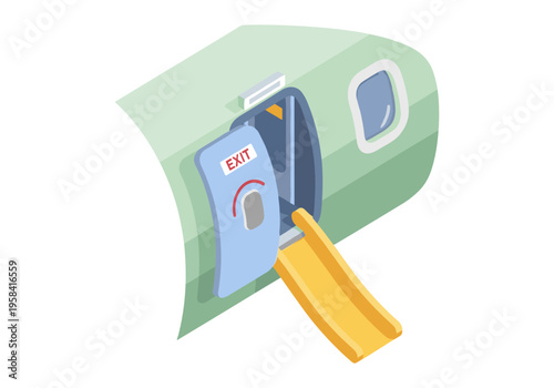 Airplane emergency exit door with evacuation slide deployed for safety