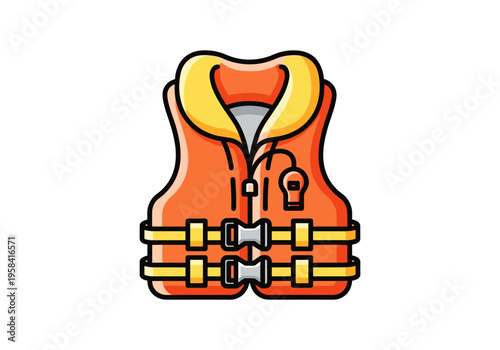 Bright orange life vest with yellow accents and safety whistle for water activities