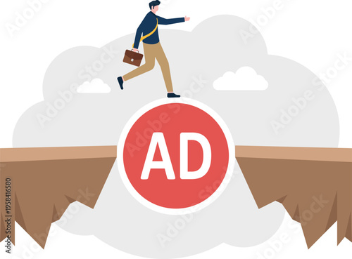 Businessman walking across a giant AD symbol bridging a gap between two cliffs