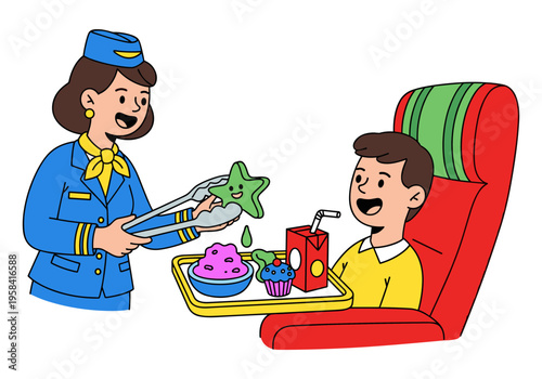 Flight attendant serving a meal to a happy child on an airplane