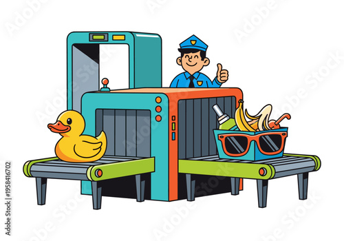 Cartoon security guard gives thumbs up at airport baggage scanner with rubber duck