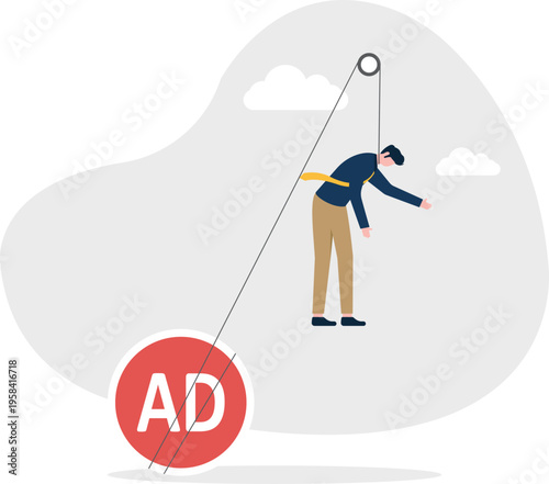 Businessman being lifted by a crane over a giant AD symbol representing marketing hurdles
