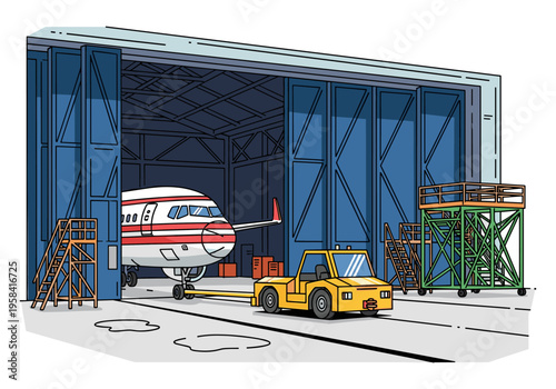 Airplane being towed into a large hangar by a yellow tug vehicle