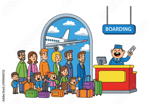 Cartoon family and travelers queuing for airplane boarding at airport gate