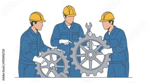Teamwork Gears in Action: Three skilled engineers working together to assemble a complex mechanism, each carefully maneuvering the intricate gears.