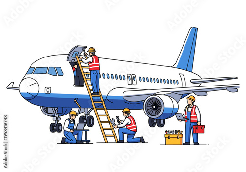 Aircraft maintenance crew working on airplane engines and cockpit with tools and laptops