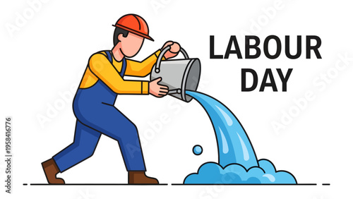 Labour Day Illustration: A dynamic illustration celebrates Labour Day with a dedicated worker, pouring a vibrant stream of water, symbolizing the essential role of labor and dedication.