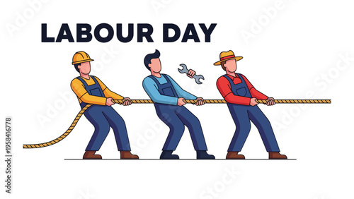 Labour Day: A symbolic representation of Labor Day, three workers of various trades pull a rope, embodying the strength and solidarity of the labor force.