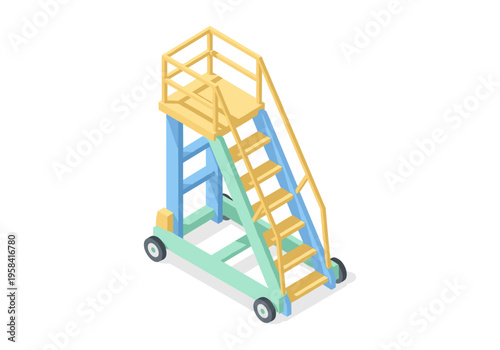 Mobile aircraft stairs with yellow steps and blue frame on white background