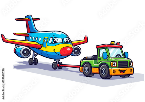 Cute cartoon airplane being towed by a friendly green tow truck on an airport tarmac
