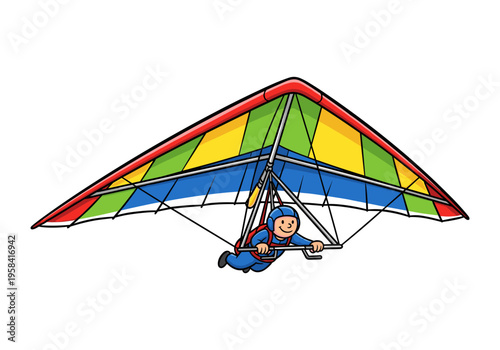Cartoon character enjoying a colorful hang gliding adventure high in the sky