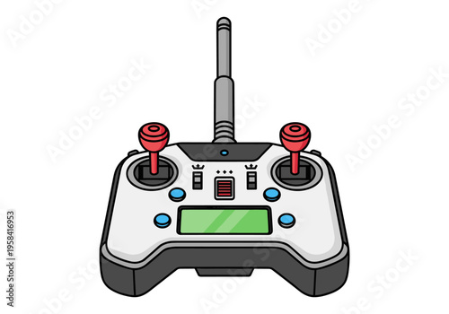 Modern drone remote control with joysticks and antenna, isolated on white background