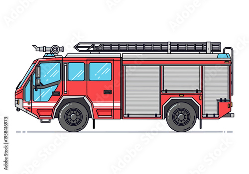 Modern red fire engine truck with ladder and equipment, isolated on white background