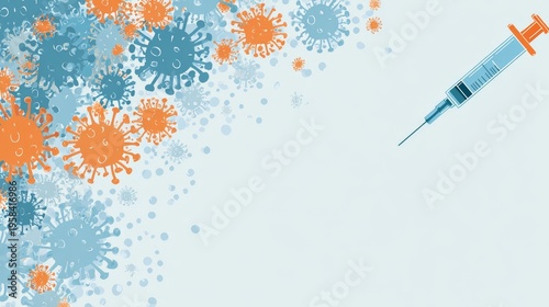Immunization vaccination syringe virus background medical health injection protection prevention healthcare concept with blue orange flat design illustrating safety immunity disease control awareness