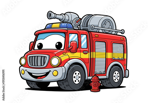 Cute cartoon fire truck with a friendly face and a fire hydrant nearby