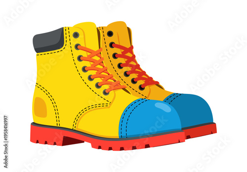 Bright yellow work boots with red laces and blue toe caps