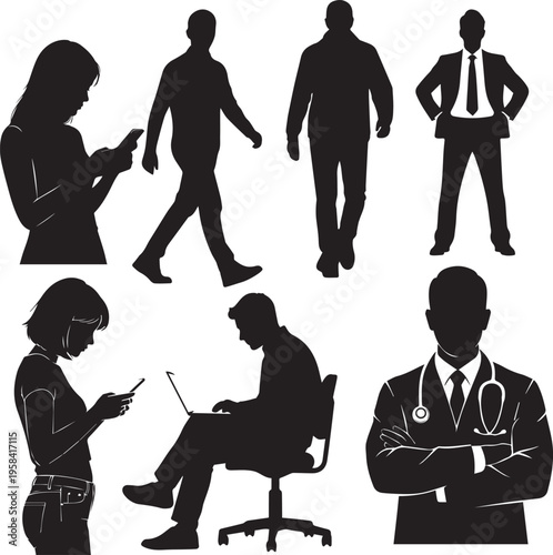 Vector illustration of business people silhouettes showing a group of men and women standing together as a professional team.
