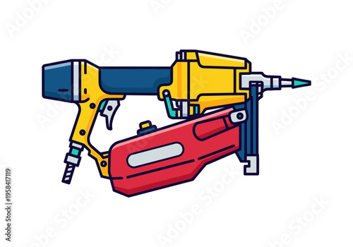Modern illustration of a pneumatic nail gun tool with red magazine