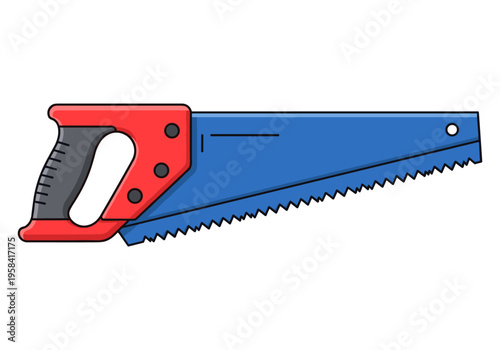 A simple illustration of a hand saw with a red and black handle and a blue blade