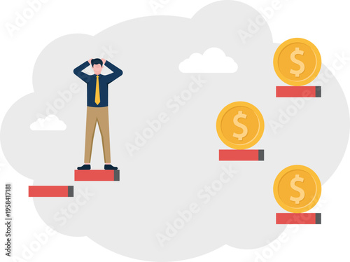 Stressed businessman standing on a small platform with floating gold coins representing financial pressure