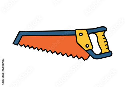 Cartoon hand saw with orange blade and yellow handle on a white background