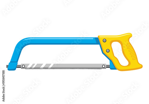 Blue and yellow hacksaw with sharp metal blade for cutting materials
