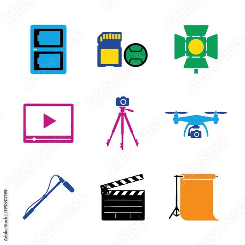 This set of nine vibrant vector icons features essential filmmaking