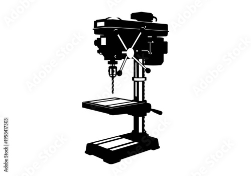 Black and white silhouette of a stationary drill press machine with a drill bit