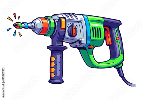 Vibrant cartoon rotary hammer drill with colorful accents and a spinning bit