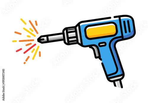 Blue cordless drill with sparks flying from the drill bit, cartoon style