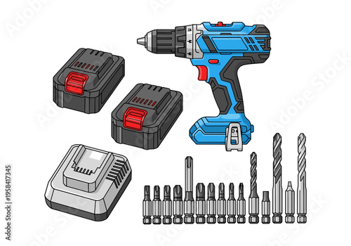 Cordless drill with batteries, charger, and various drill bits for DIY projects