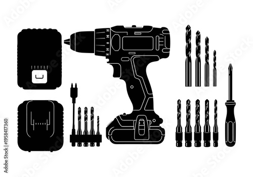 Cordless drill set with various drill bits and accessories on white background