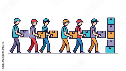 Warehouse Workers in Action: A line of dedicated workers in a distribution center are efficiently carrying packages for delivery, emphasizing the precision and coordination in the logistics process.