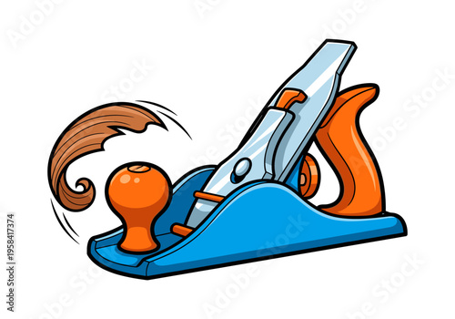 Cartoon woodworking hand plane shaving wood with a curl of wood flying off