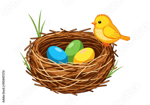 Cute yellow chick guarding a nest with colorful eggs and green grass