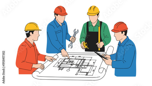 Blueprint Discussions: A focused team of construction workers gather around a blueprint, their collaboration and expertise on full display.