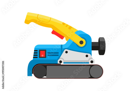 Blue and yellow belt sander tool with red switch on white background