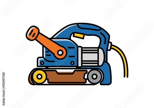 Blue and orange belt sander tool illustration on a white background