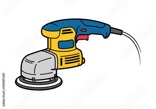 Cartoon illustration of a yellow and blue orbital sander with a dust collector