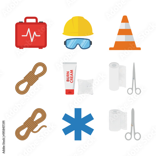 A collection of flat vector icons representing first aid and