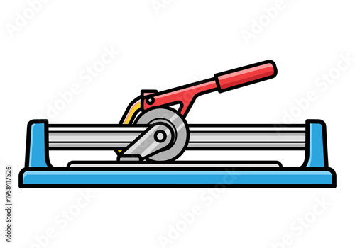 Manual tile cutter tool with red handle and blue base on white background