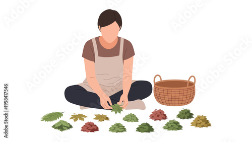 Botanical Assembly: An individual tenderly arranges an assortment of foliage and a wicker basket, illustrating a harmonious interplay of nature and human touch.